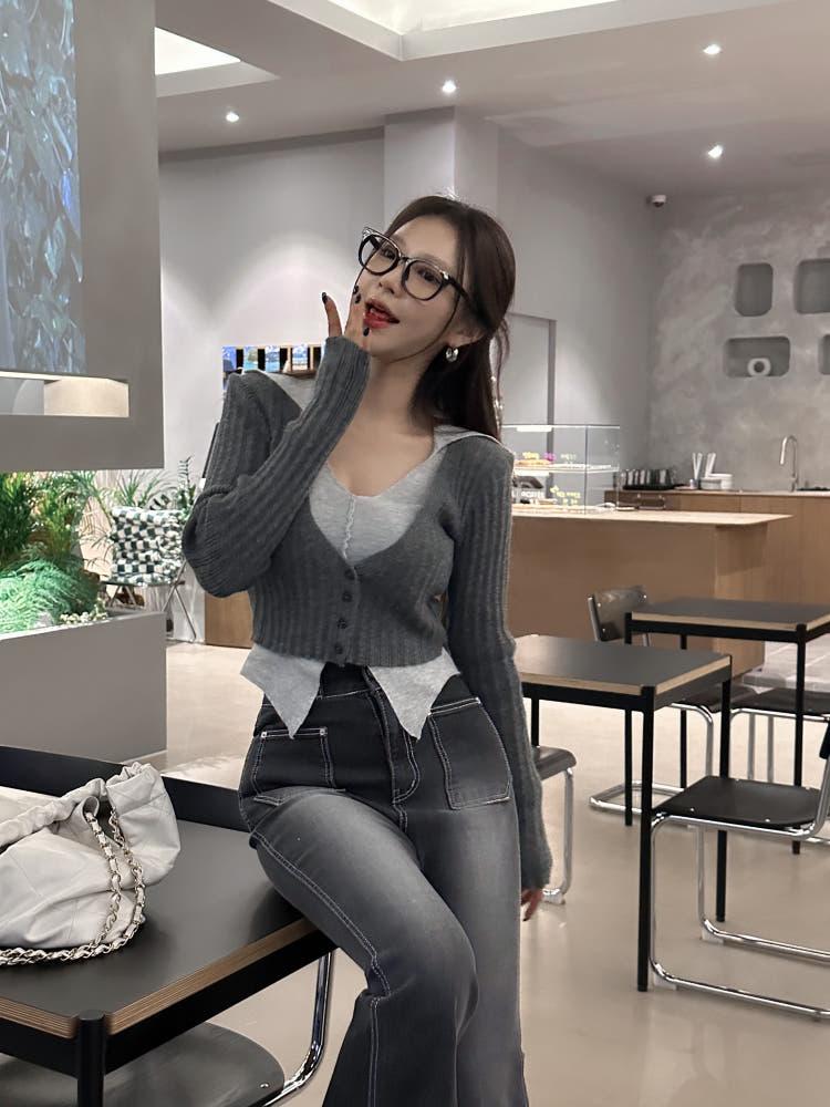 카미유 레이어드 배색 카라 니트 3col 유니크 슬림핏 골지 절개 크롭 이중 가디건