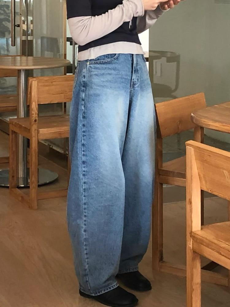 오예 벌룬 와이드 연청 데님 팬츠