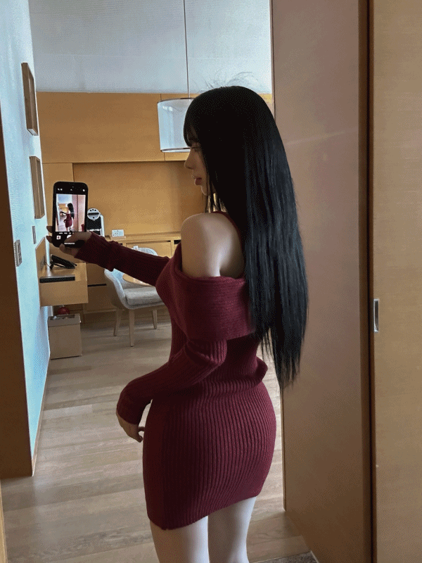 리츠 언발 오프숄더 골지 니트 원피스 - 2colors