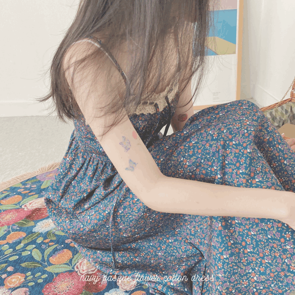 navy pasque flower cotton angel lace ops 뷔스티에 롱 원피스