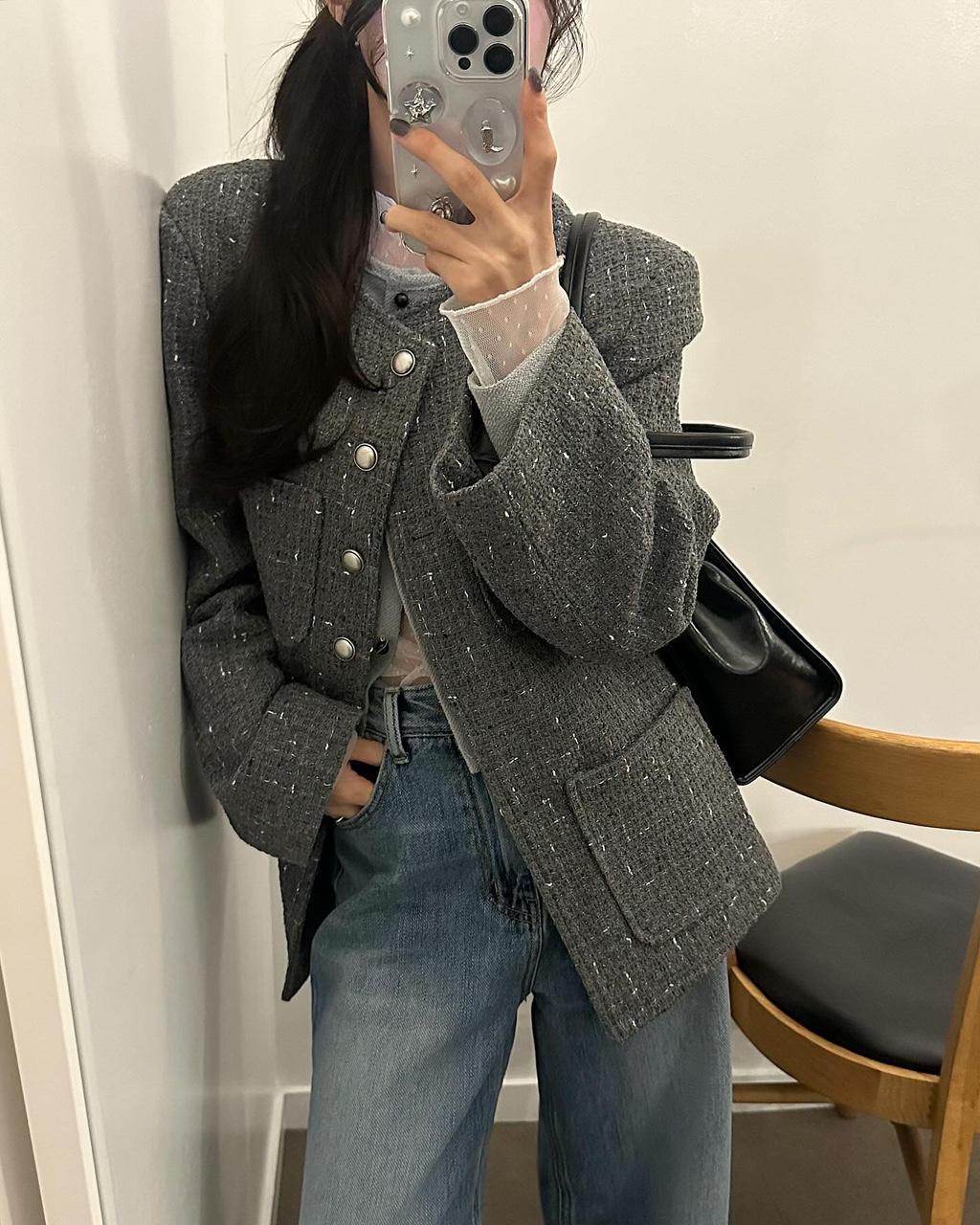유인어스 아입 여성 봄 노카라 하객룩 출근룩 오피스룩 라운드 오버핏 루즈핏 트위드 자켓