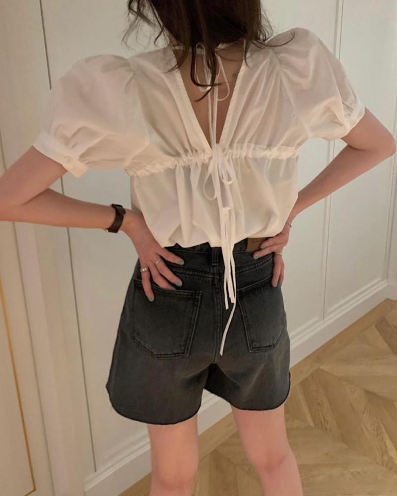 [바이올렛,네이비 당일발송]뒷리본 셔링 블라우스(3color)