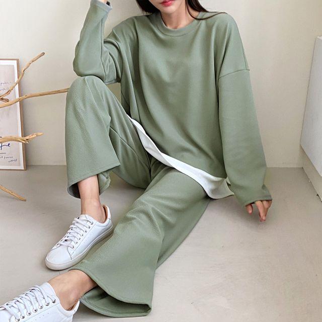 [세트가격] 무지 라운드넥 레이어드 긴팔 롱 티셔츠 밴딩 팬츠 트레이닝 세트 츄리닝 간절기 캐주얼 데일리룩 -BPST0120- 빅사이즈 루즈핏 오버핏 봄 가을