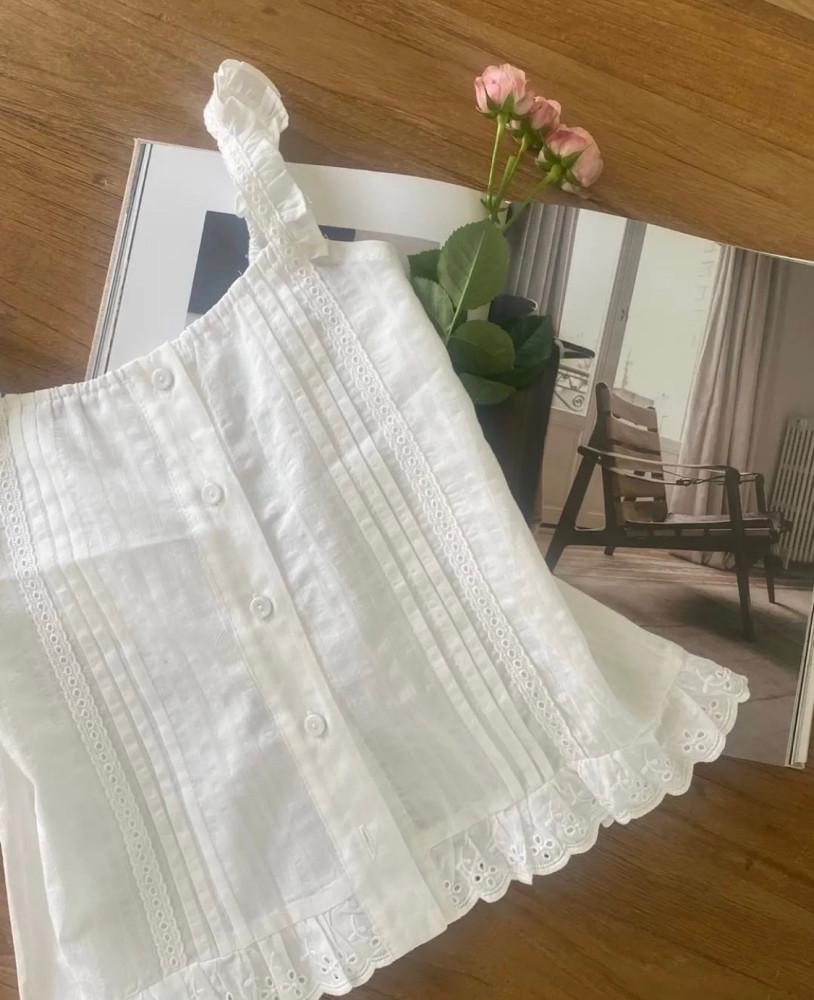 레이스 핀턱 나시 탑 (2color) 프릴 뷔스티에 나시 블라우스