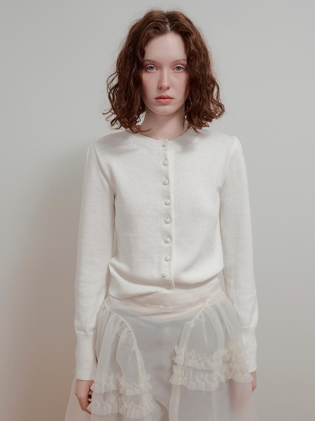COVERED BUTTON PUFF CARDIGAN - WHITE