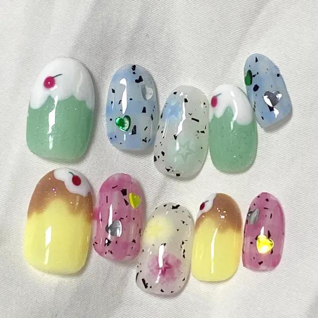 🍮 신상 세일 🍮푸딩 ! 메론 소다 ! 별 네일팁 ( 푸딩 메론소다 키치 네일 유니크 쿠앤크 네일팁 )