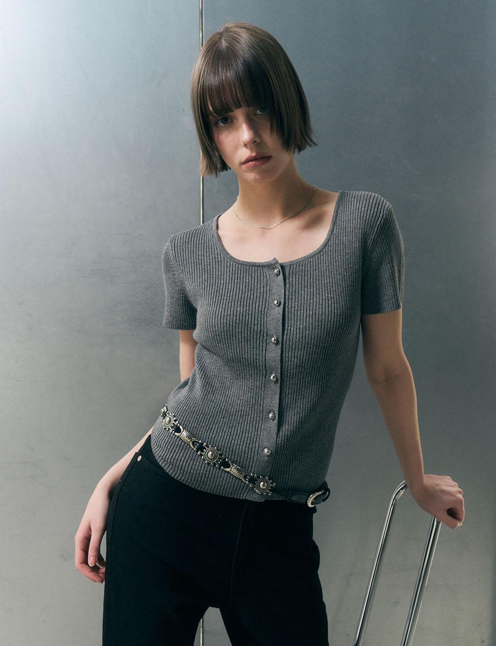 [블프특가]W. 스퀘어넥 슬림핏 하프 가디건 [GRAY]_SEWCD004GRAY