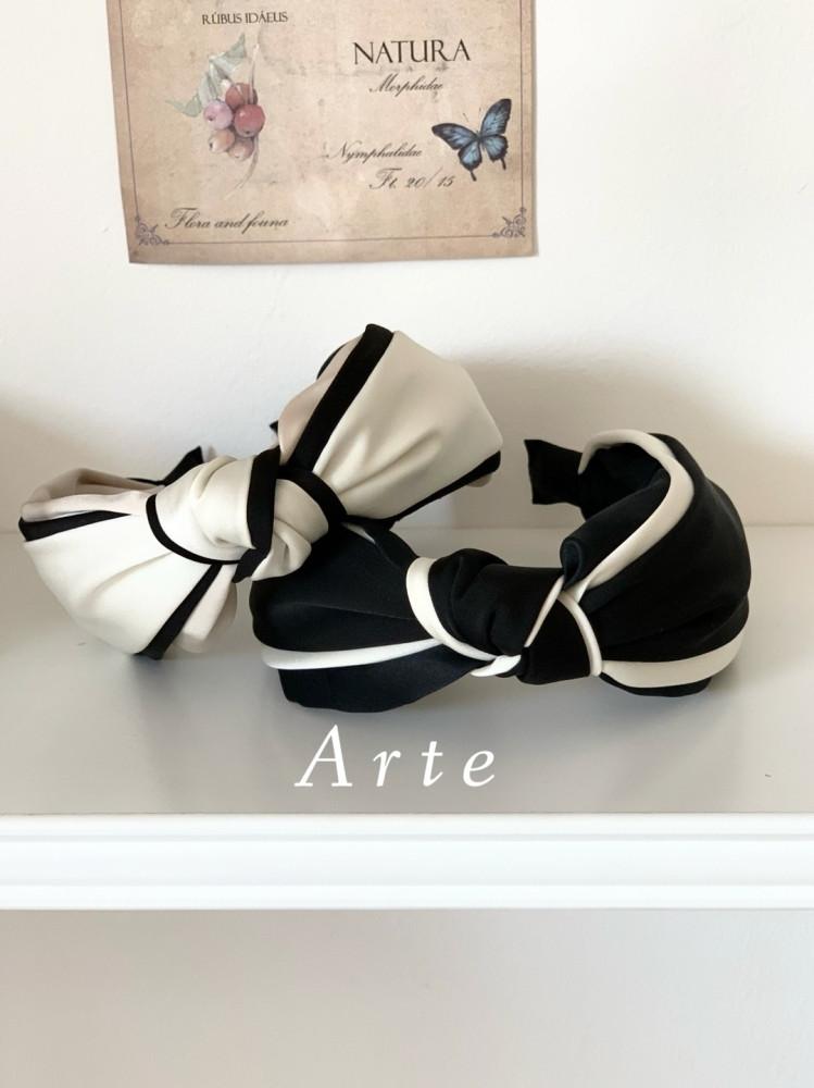 배색 새틴 반다나 헤어밴드 화이트 블랙 와이드 머리띠