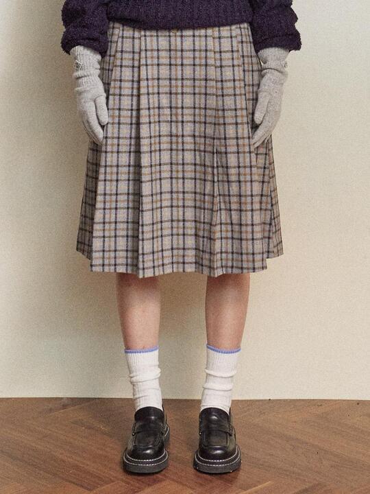 W PLEATS CHECK SKIRT [SKY BLUE]