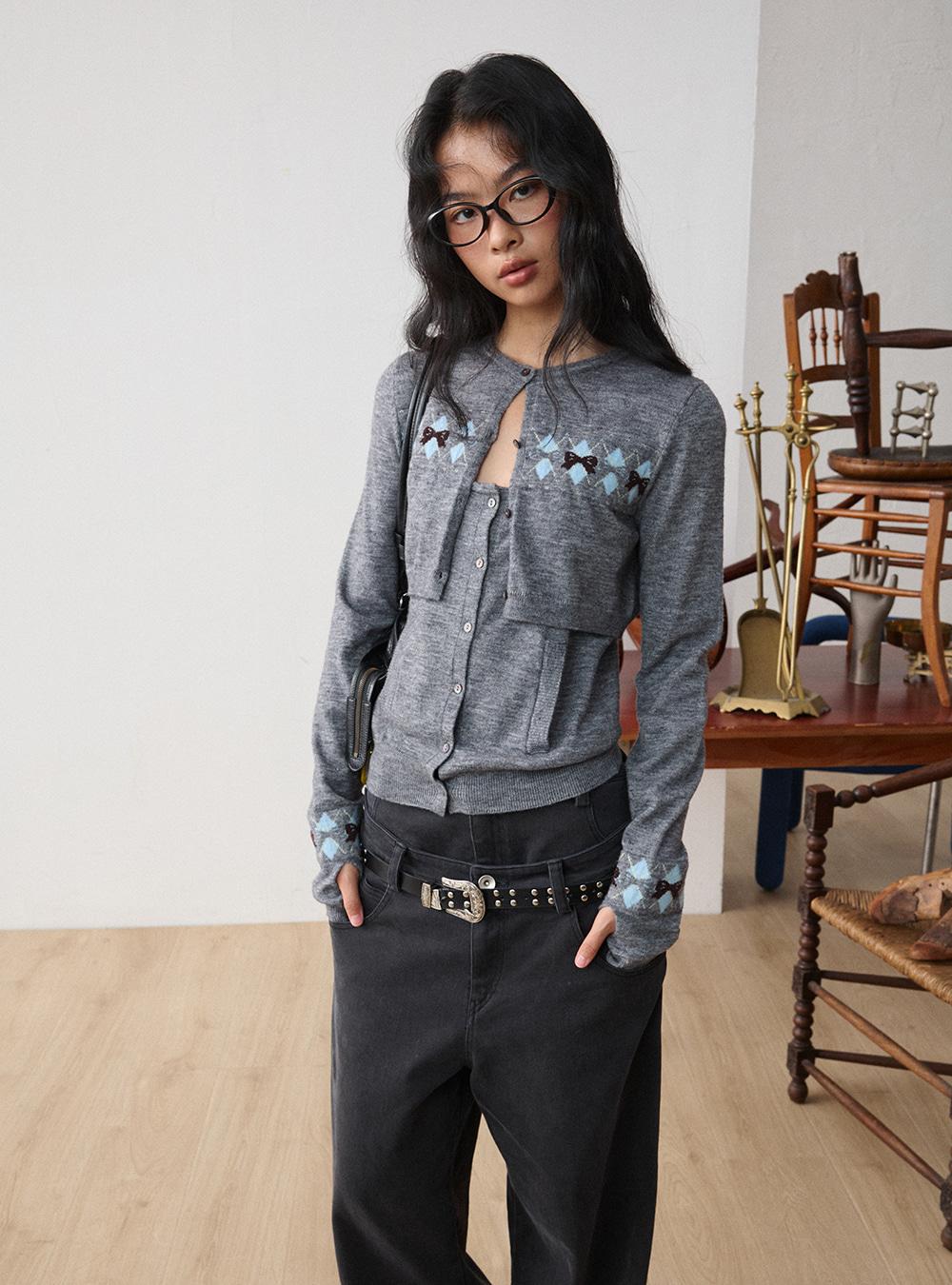 Dual-Layer Argyle Knit Cardigan