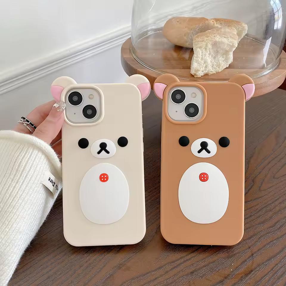 iPhone 11 12 13 14 15 16 Pro Max 패션 귀여운 3D 만화 리락쿠마 베어 소프트 실리콘 전화 케이스 뒷면 커버