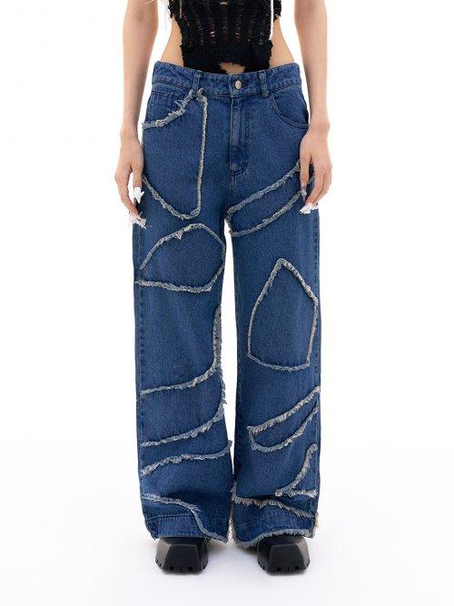 PATCHWORK PLAYER DENIM PANTS BLUE