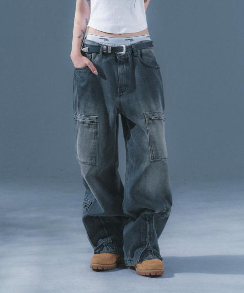 우먼스 멀티 지퍼 데님 팬츠 (그레이)