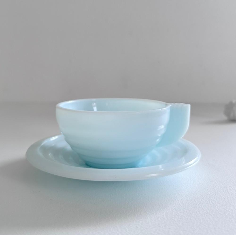 [Vintage] blue milk glass small cup and saucer set France art deco