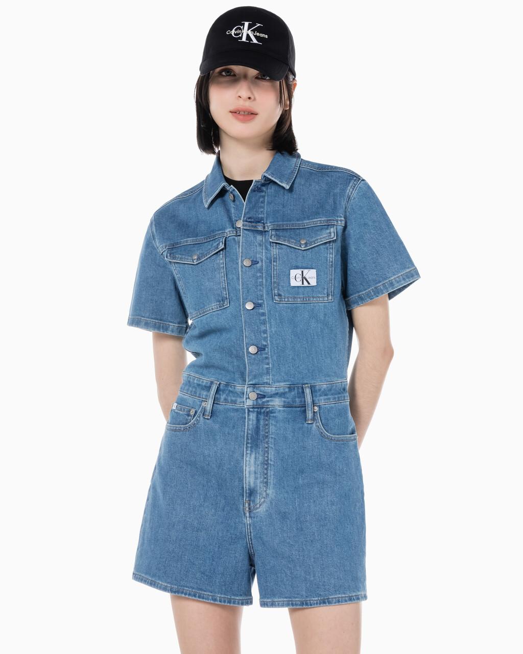여성 미드블루 데님 숏 오버롤