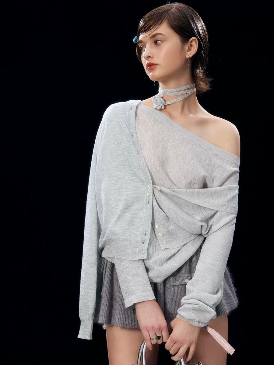 MOROMORO2 Grain Silver Knit T-shirt & Cardigan