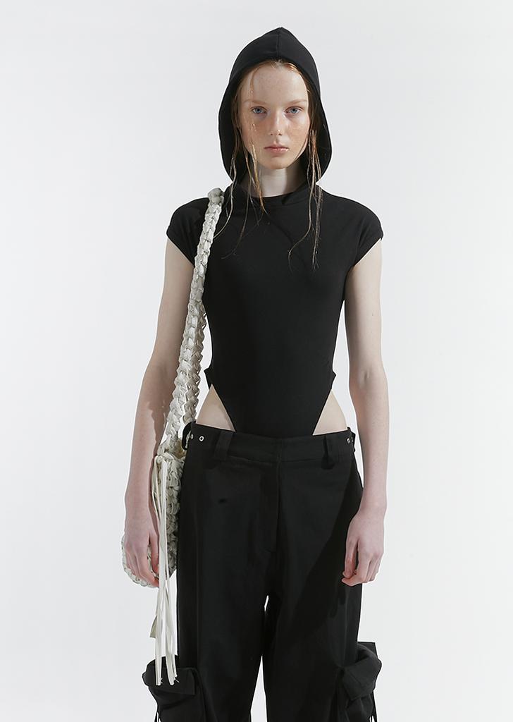 HOODED BODYSUIT,  BLACK