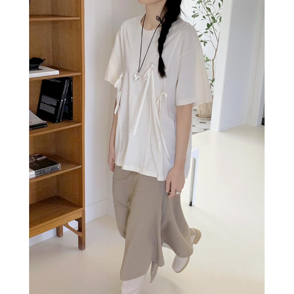 리본 스트랩 오버 반팔 티셔츠(2col)