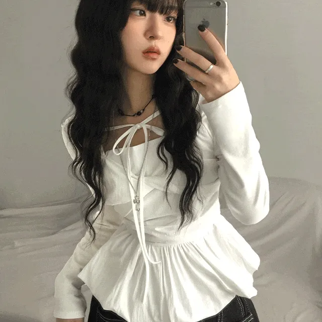 [봄/잘록핏🖤] 슈아 벌룬 리본 볼레로 발레코어 스퀘어넥 레이어드 블라우스 티셔츠 3color