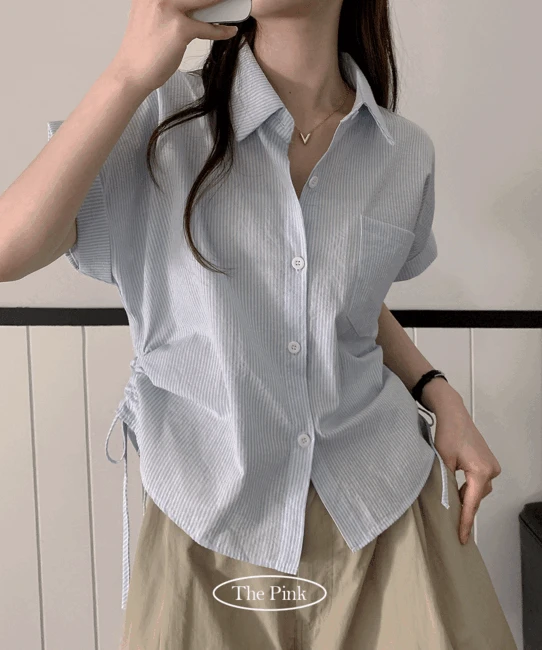 [너드룩/허리쏙핏] 샬로 스트라이프 옆셔링 반팔 셔츠 남방 (4color)