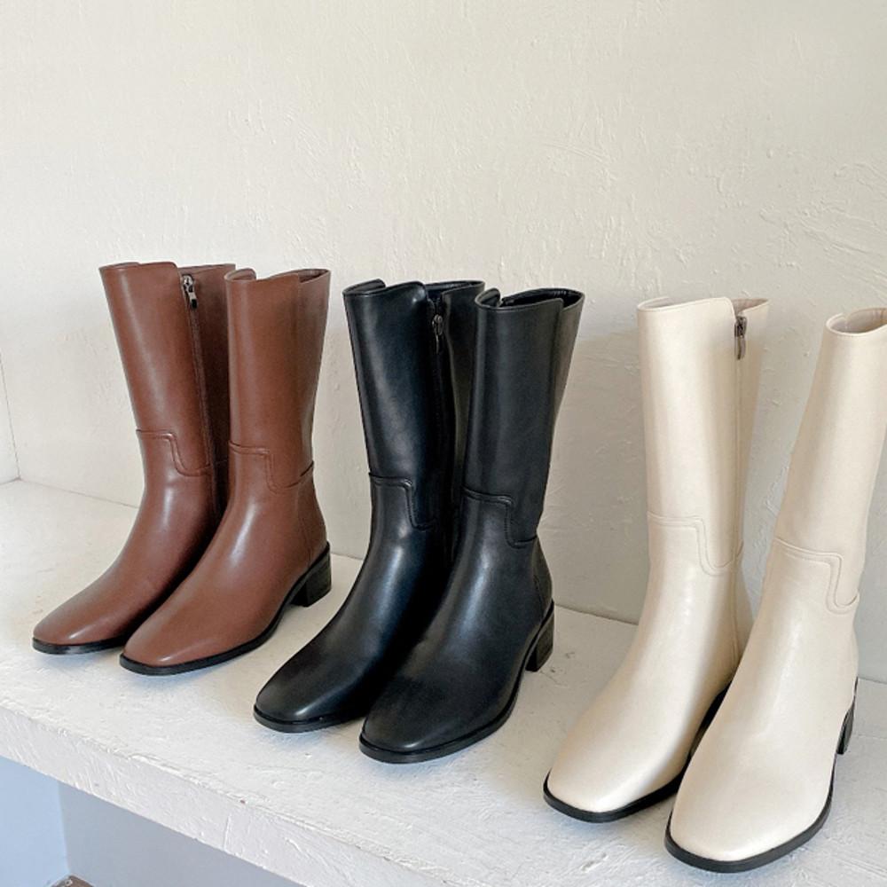 예쁜핏 스퀘어 여자 가죽 미들부츠 4cm 낮은굽 여성 하프부츠