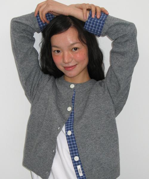 CHECK SHIRT POINTED KNIT CARDIGAN GREY