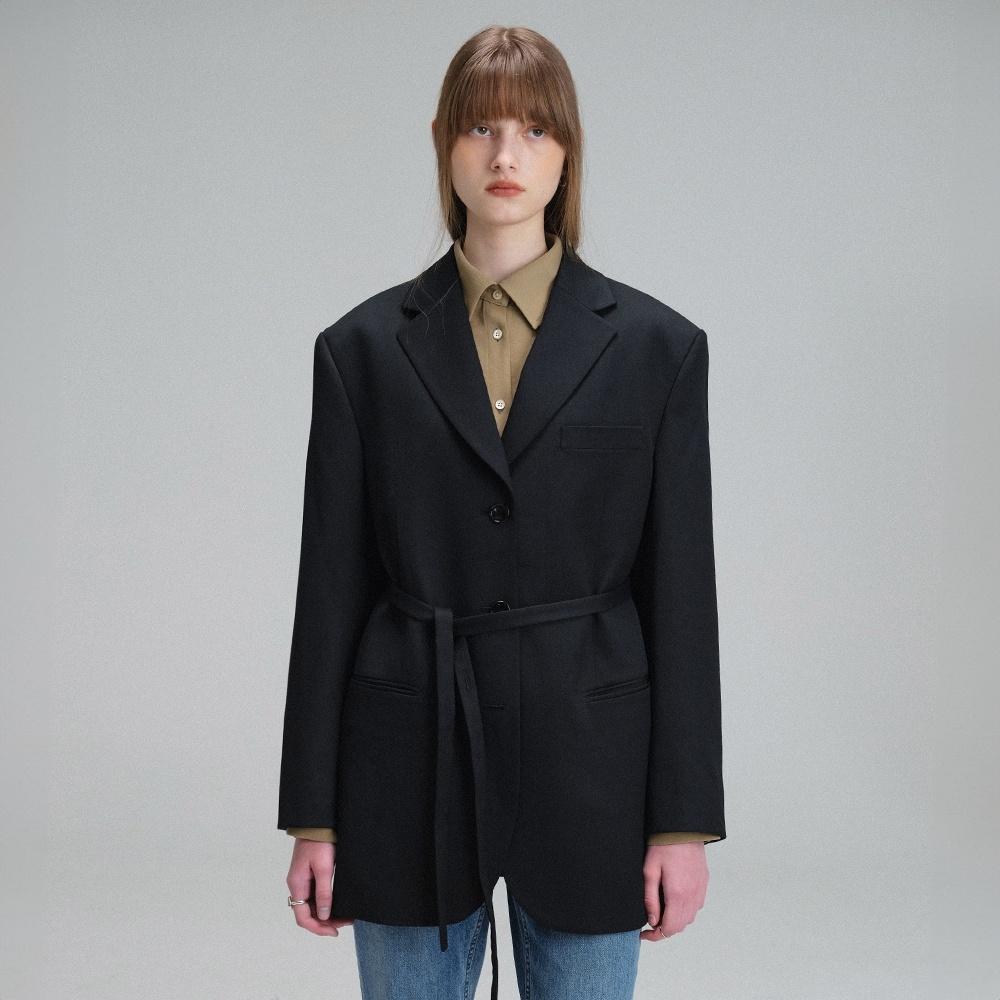 Oversized Belted Single Jacket - Black