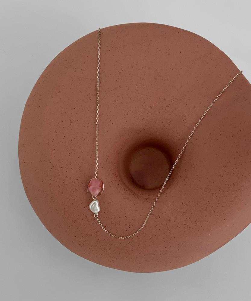 [ 실버 925 ] 핑크 글라스 비즈 담수 진주 목걸이
