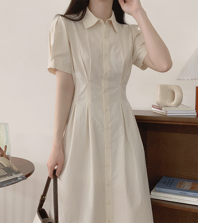 노트 핀턱 셔츠 스트랩 반팔 롱원피스