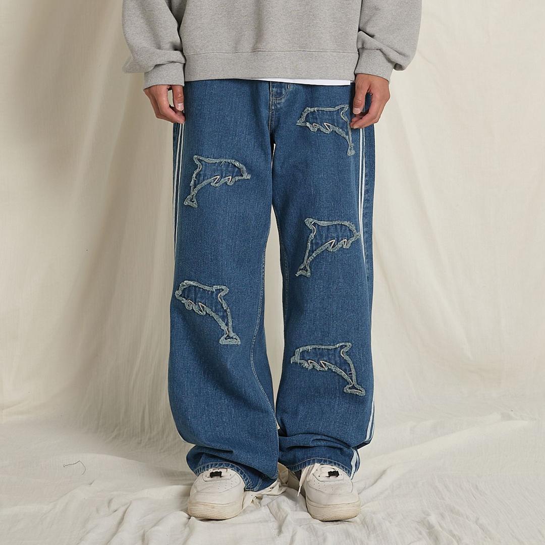 돌핀 아플리케 라인 데님 팬츠 딥블루