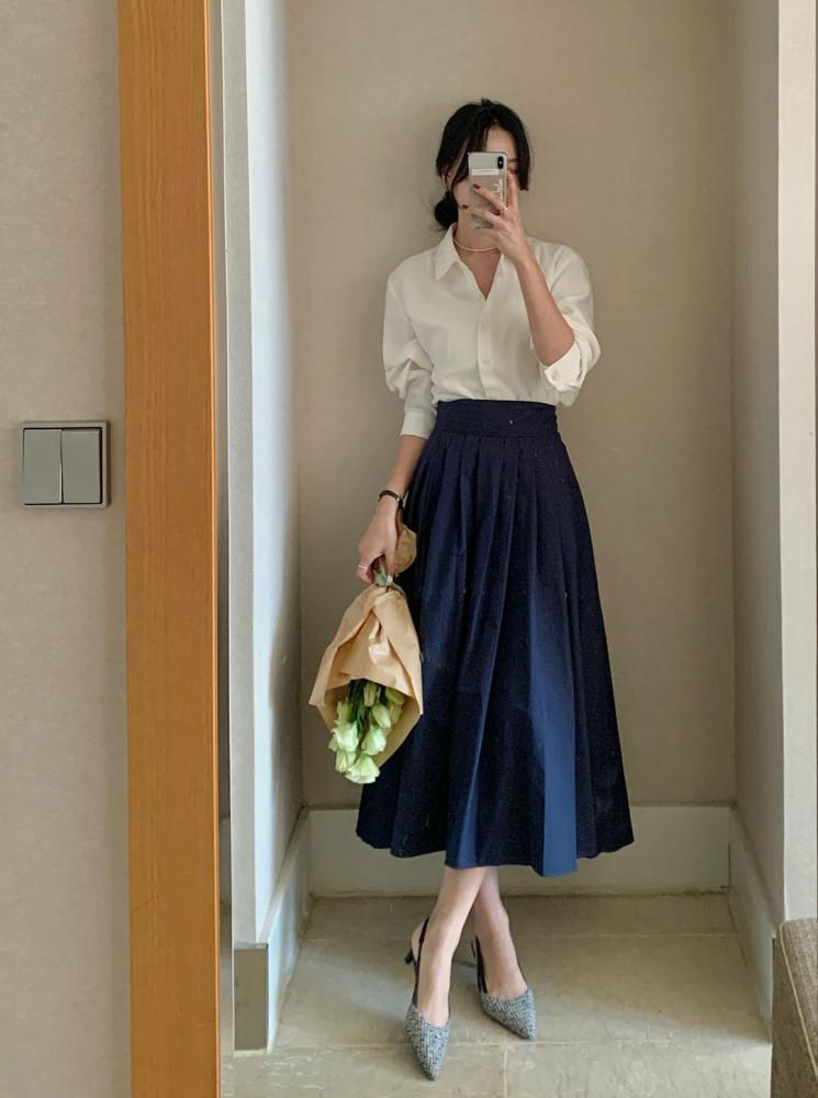 여자 롱스커트 플리츠 백타이 코튼스커트 (4color)