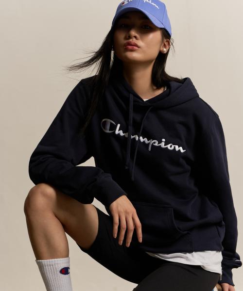 빅 스크립트 로고 후드 티셔츠 Normal Navy