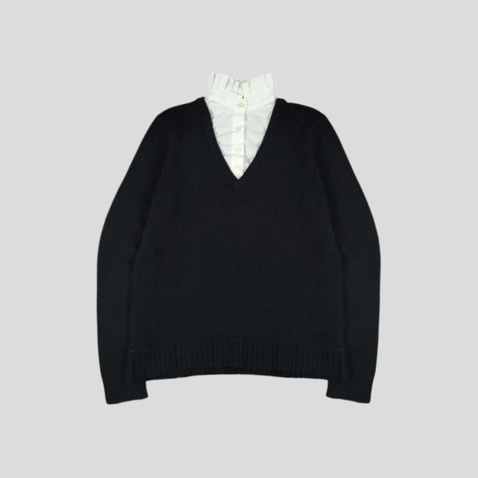 로렌랄프로렌 블랙 화이트 배색 플리츠 카라 레이어드 브이넥 셔츠 니트 WOMANS S-M