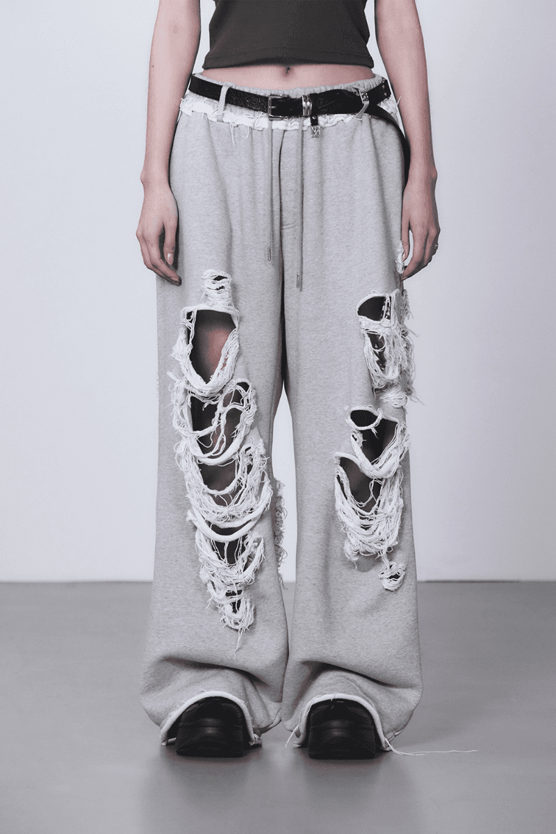 Scrath Damage Wide Sweat Pants [ Melange Gray ]