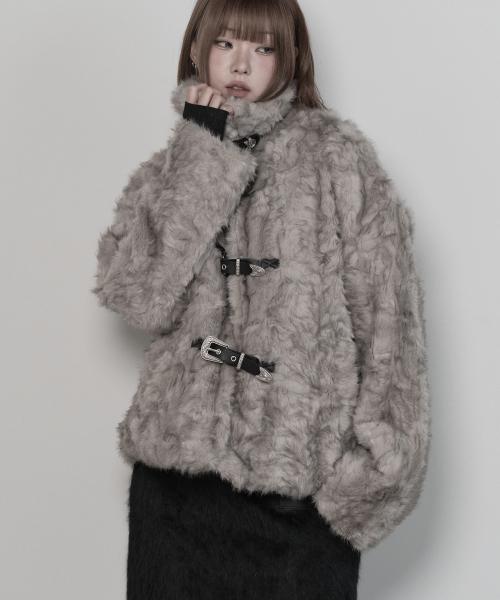 웨스턴 벨트 믹스 퍼 자켓 (그레이)