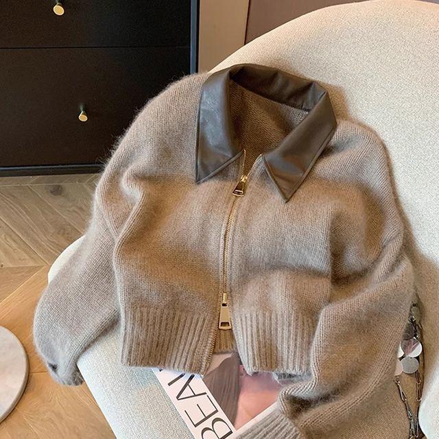 마야 카라 레더 가디건 니트 집업 탑