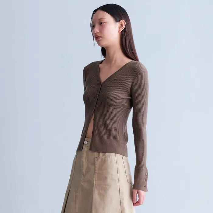 Vneck Ribbed Knit Cardigan  Khaki (KE485AM02H)