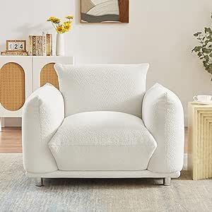 Mid Century Lambswool Fabric 40.6"W Chairs,Oversized Extra-Deep-Seated Upholstered Single Sofa Chair,Modern Sherpa Overstuffed Chair with Armrest & Metal Leg for Living Room Bedroom Apartment-White