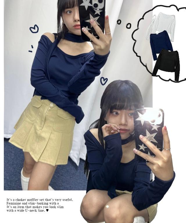 3color* muffler set wide U neck tee