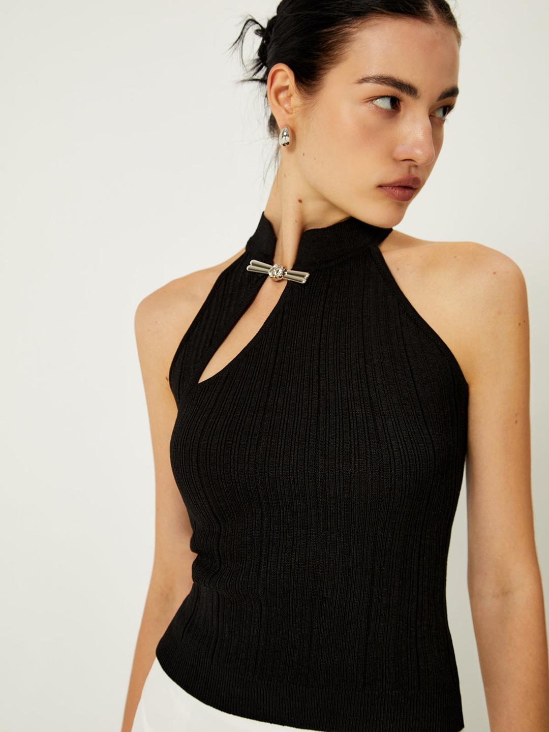 Asymmetrical Button Sweater Vest - Black / L