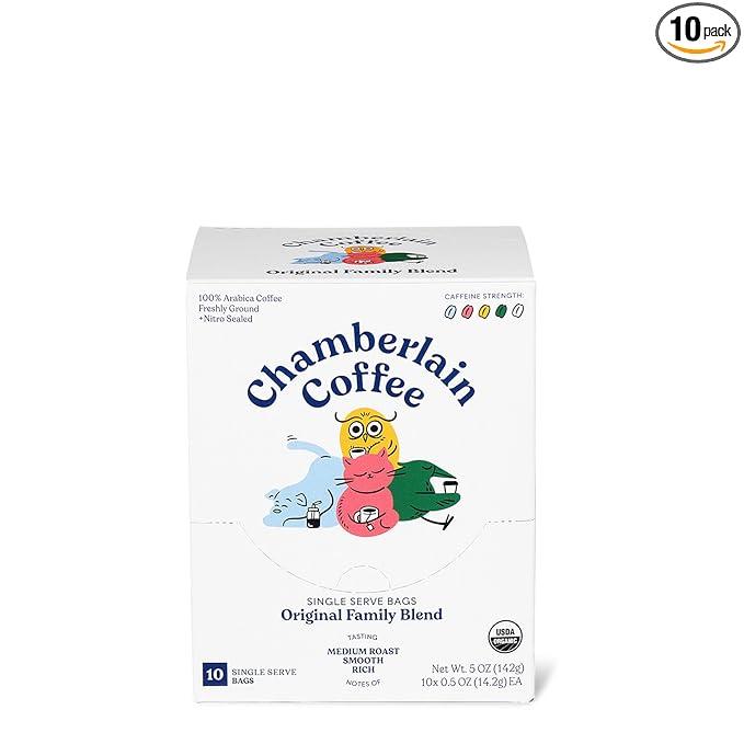 Chamberlain Coffee The Original Family Blend Cold Brew Singles - Medium Roast Organic Coffee Single Serve Bags with Notes of Rich Milk Chocolate, Almond & Black Cherry - 10 Single Serve Cold Brew Sachets