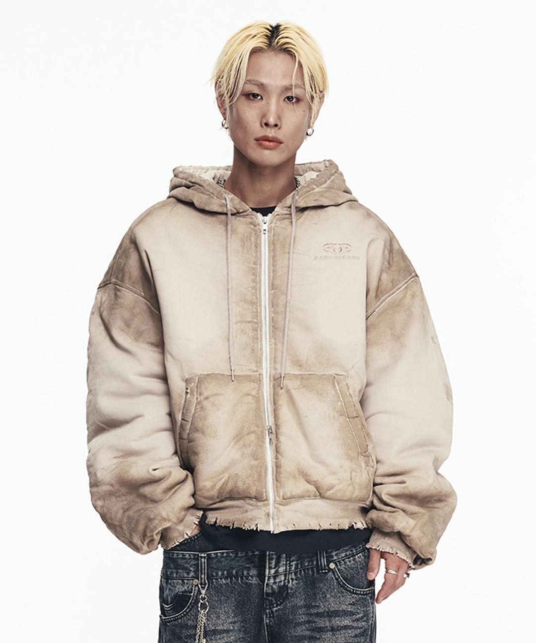 워시드 패딩 후드 집업 - 베이지