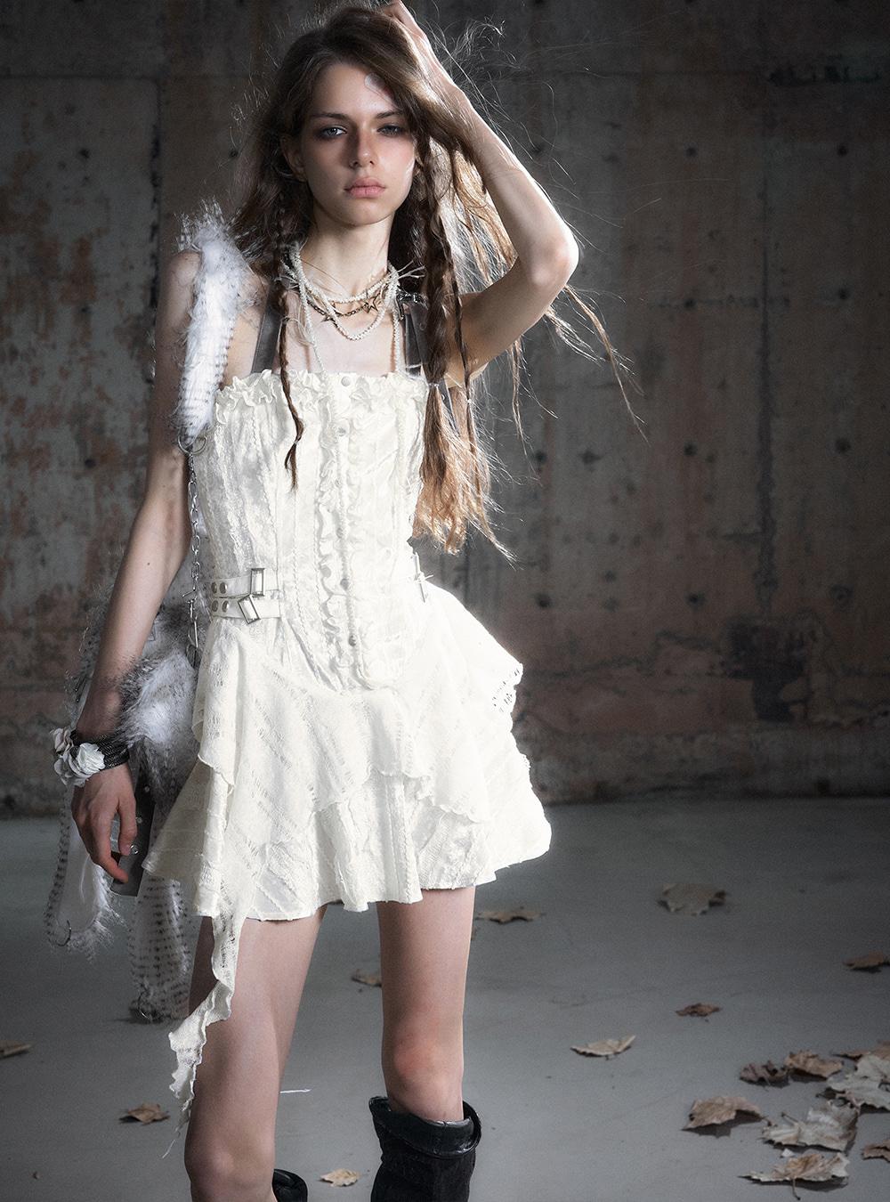 Ruched Contrast Lace Dress (2color)