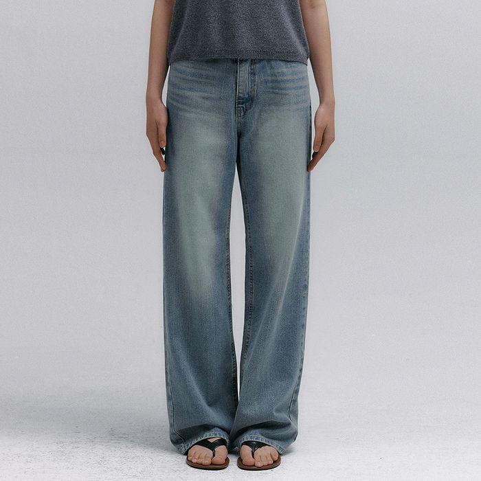 Medium Vintage Washing Wide Denim Pants (Blue)