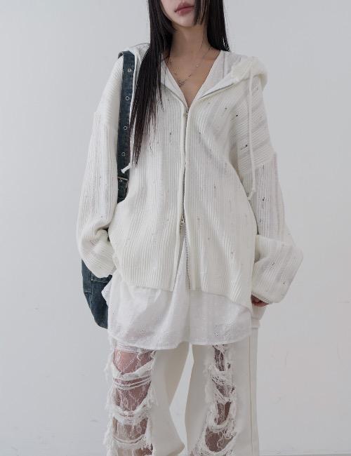로웨어 damage boxy two way knit zip up