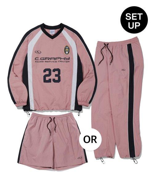 [SET] (긴바지 OR 반바지 선택) 화섬 배색 스포츠 크루넥 셋업_인디핑크