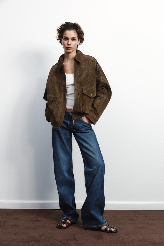 100% SUEDE LEATHER BOMBER JACKET WITH POCKETS