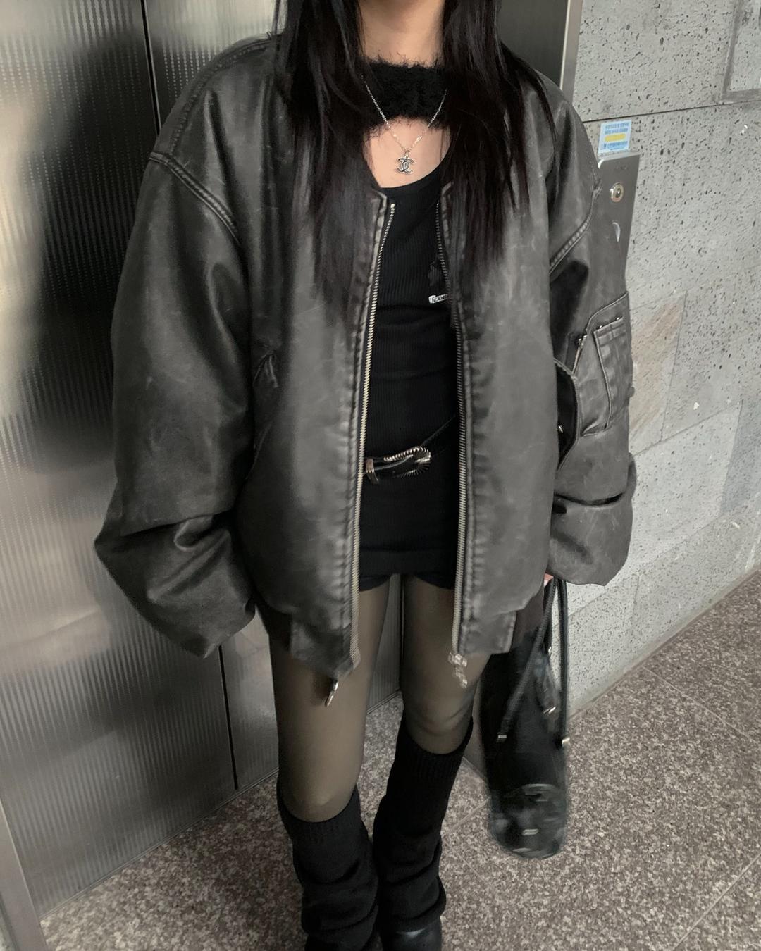 (Unisex) Washing ma-1 leather jumper