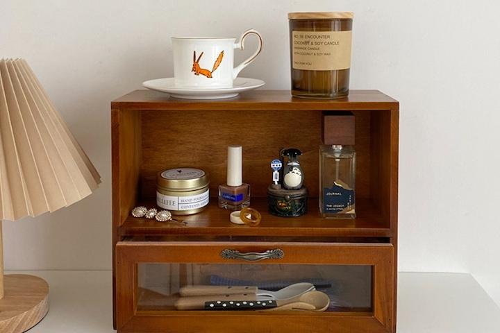 빈티지 2단 원목 우드 미니 선반 주방 양념통 악세사리 소품 수납 보관함 보석함