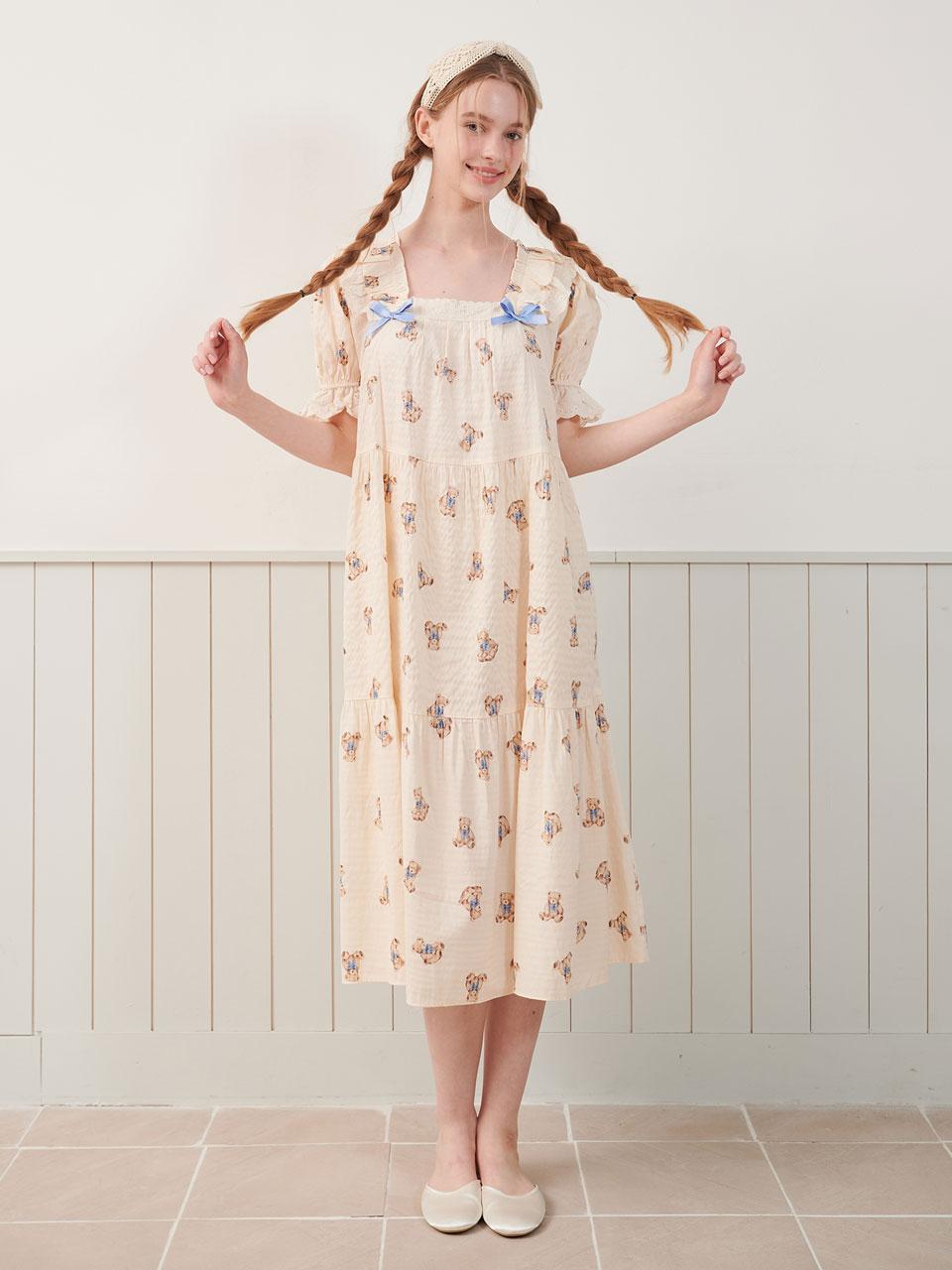 여성 쁘띠베어 레이온혼방 스퀘어넥 반소매 원피스 잠옷 25-02232